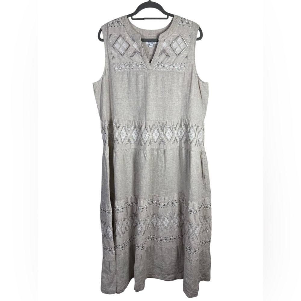 Chico’s Embroidered 100% Linen Sleeveless Tiered Maxi Dress Pockets Size 16